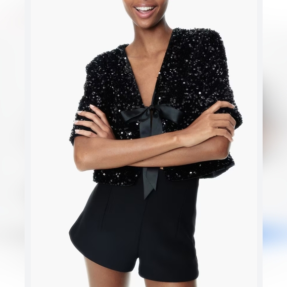 H&M Viral Black Sequin Ribbon Bow Cardigan Blouse Size S M L NWT - Picture 7 of 13